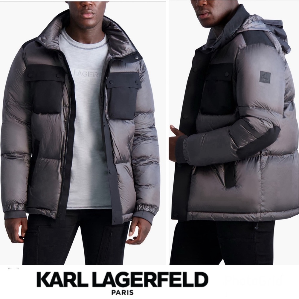 KARL LAGERFELD Paris Gray Black Down Feather Hooded Collar Jacket Puffer Sz L